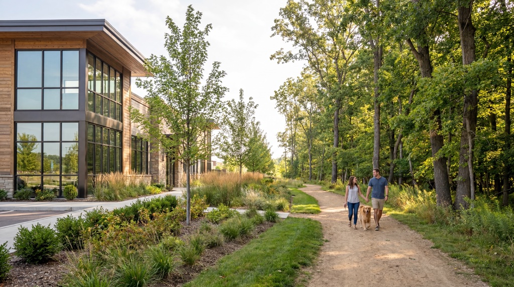 Modern building with large windows, a couple walking their dog on a path through trees.