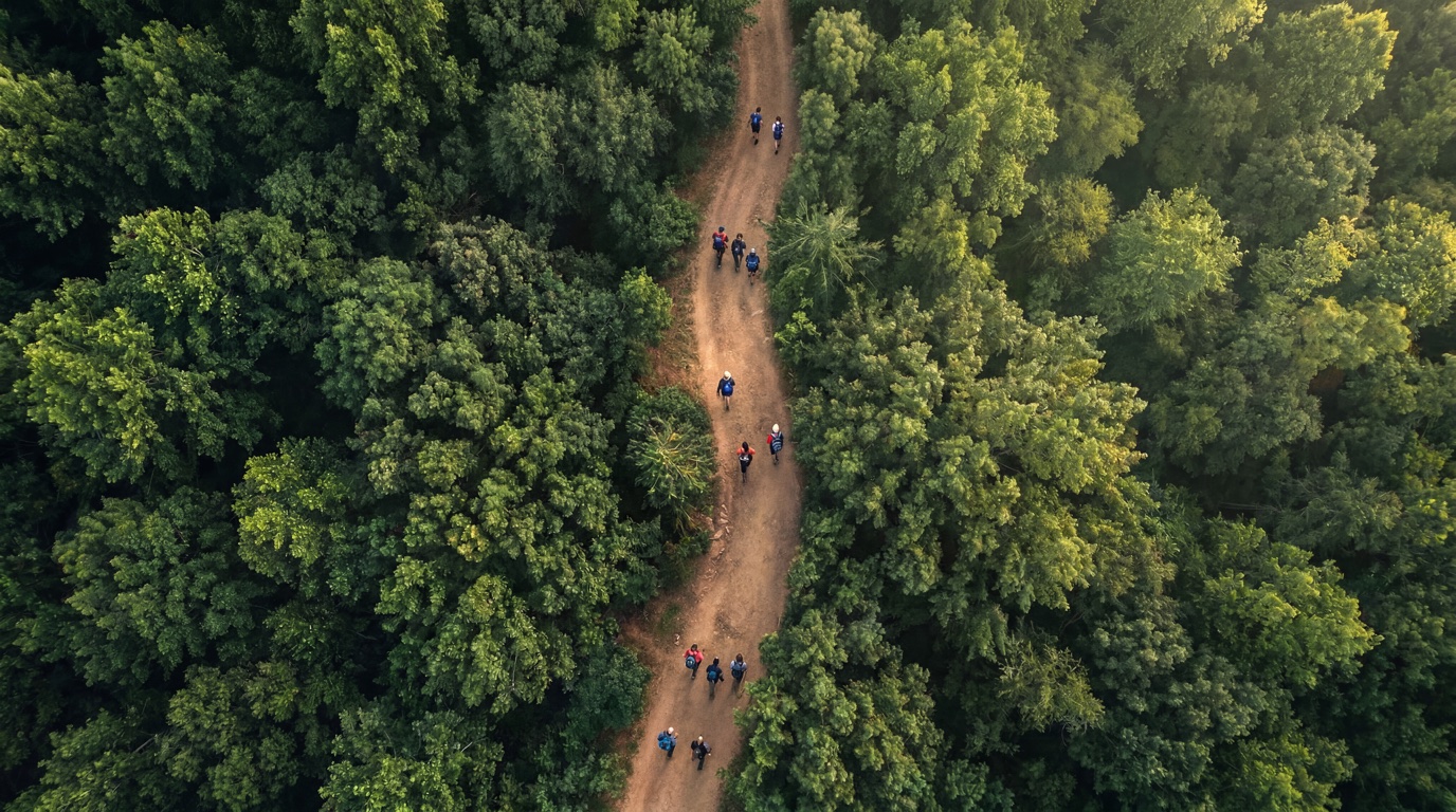 Aerial of a forest path with hikers winding through the canopy.