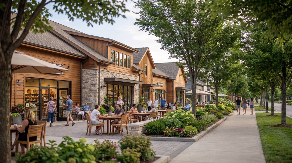 Modern outdoor shopping area, wooden buildings, people dining, trees lining the walkway.
