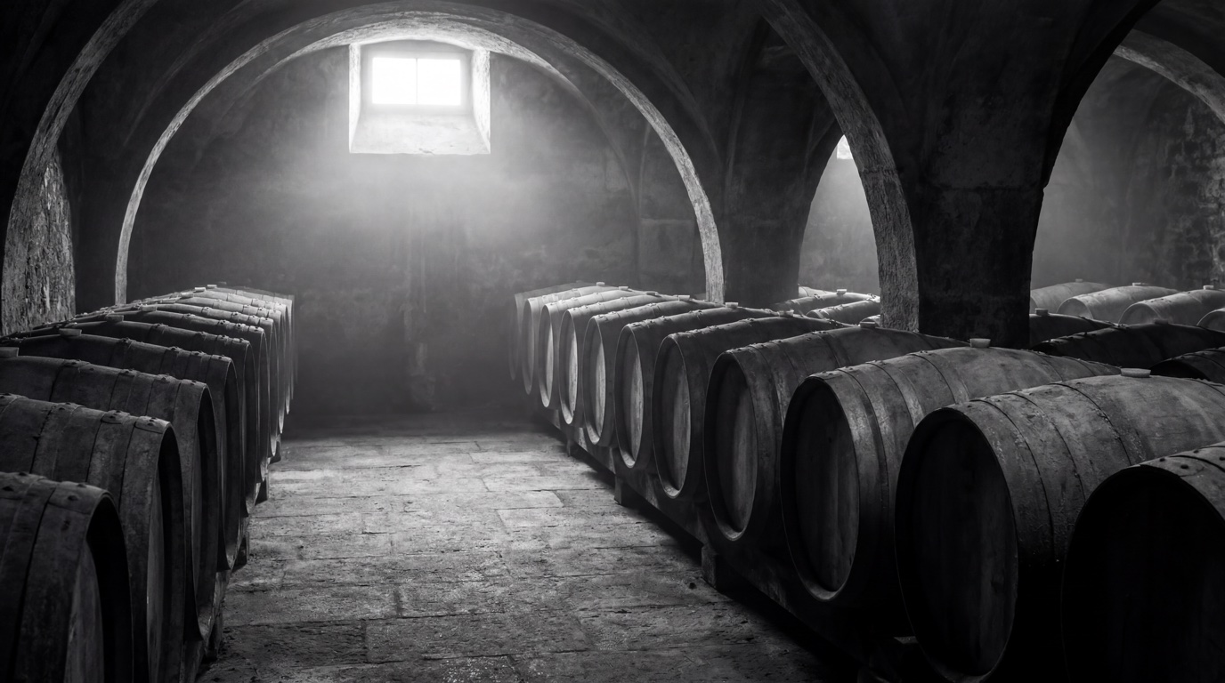 Quiet old-world heritage: aging-wine cellar, barrels, patinaed craft.