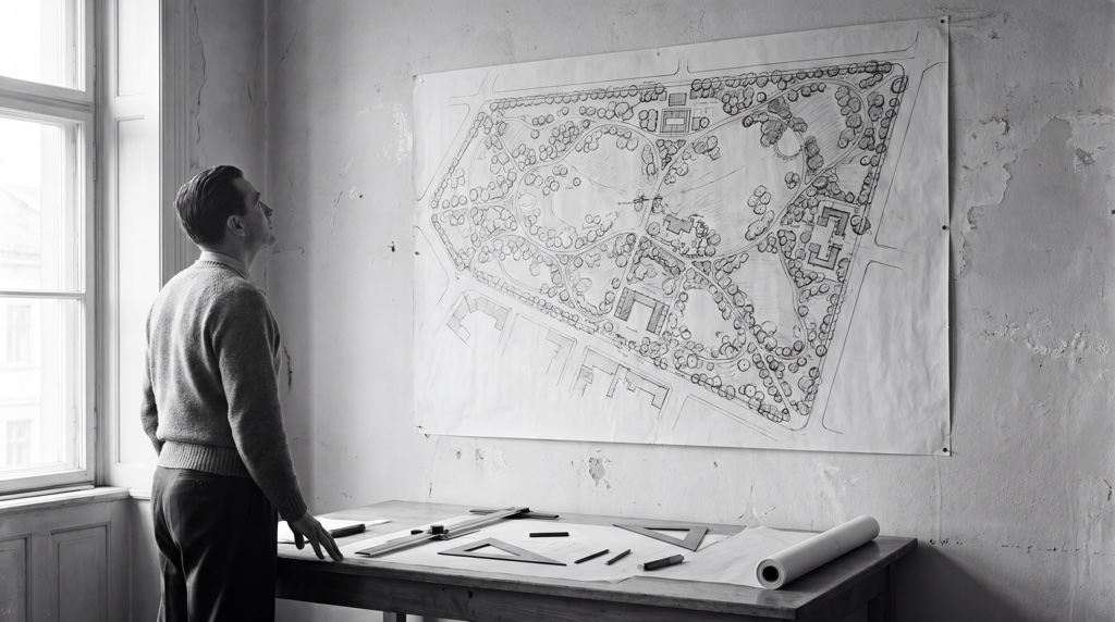 B&W — man standing in front of a large architectural drawing or map pinned to a wall, drafting tools below.