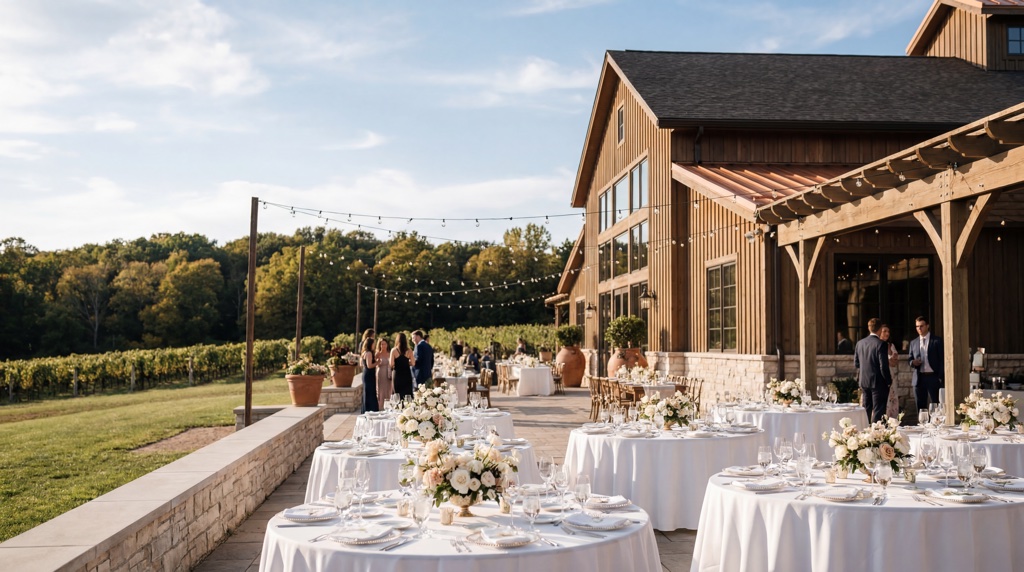 Winery outdoor terrace with tables set for an event.