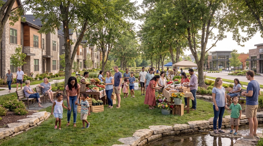 Bustling outdoor shopping plaza — people dining, walking, socializing in a sunny modern setting.