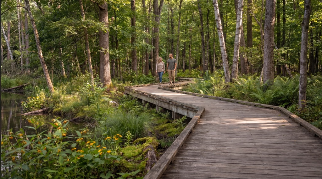 Preserve boardwalk through the woods — the Serenbe-style nature anchor.