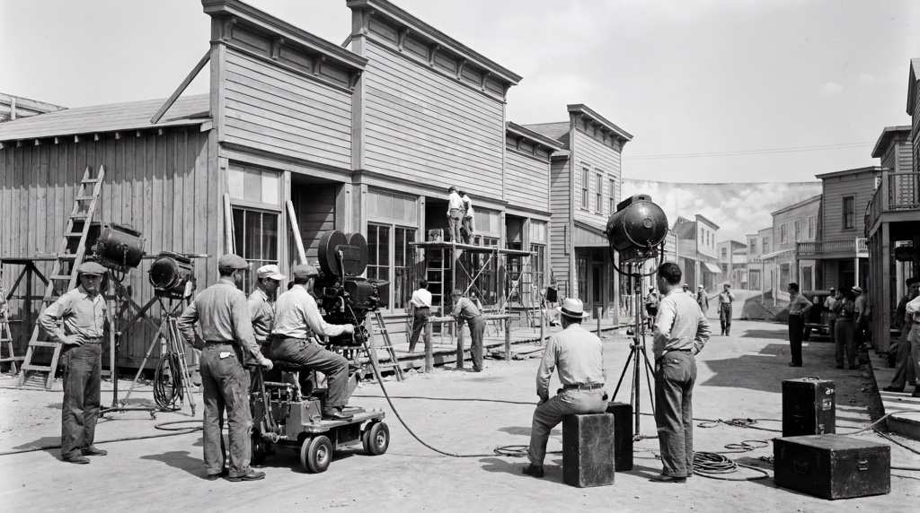 B&W film set — western town with crew, cameras, lighting equipment.