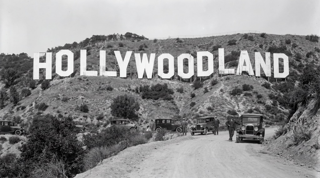 B&W — HOLLYWOODLAND sign on a hillside with vintage cars.