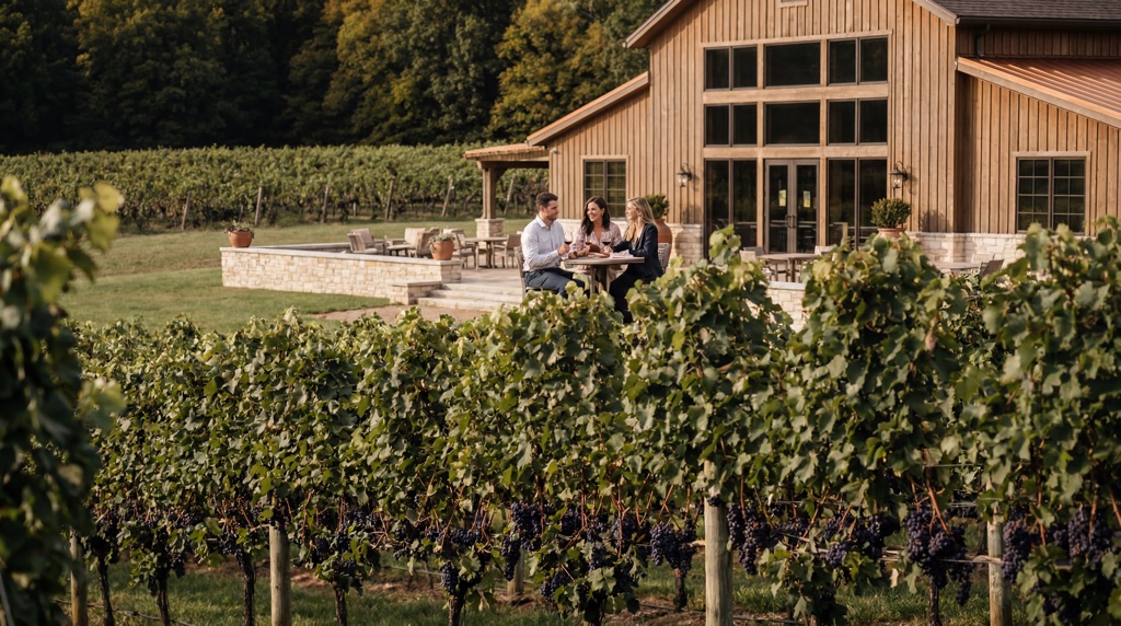 People dining in the vineyard.