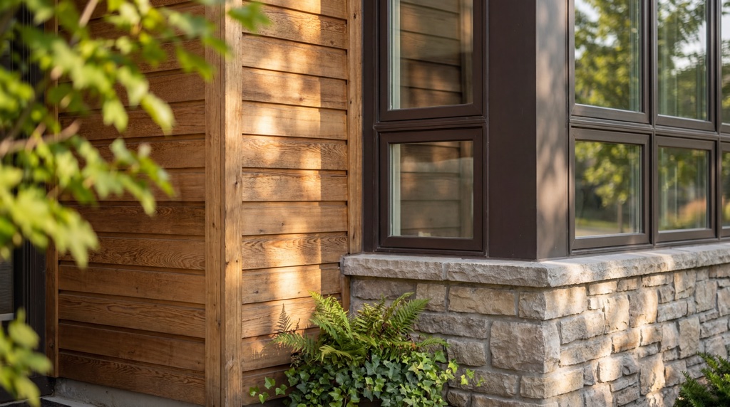 Close-up of building exterior — wooden siding, stone foundation, windows with greenery.
