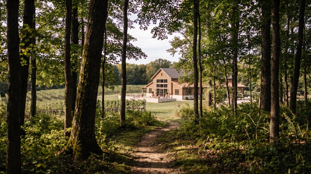 Modern building viewed through a forest with vineyards in the background.