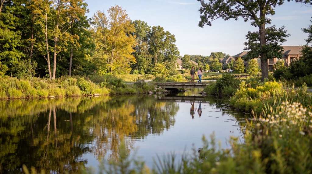 Scenic pond with trees and houses in the background, two people walking on a bridge.