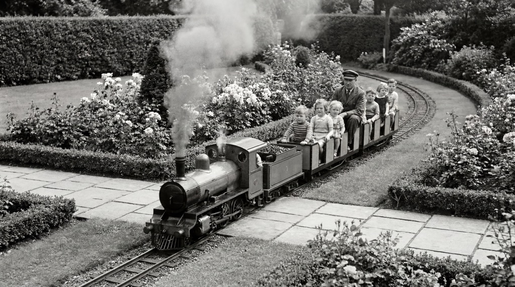 B&W — Walt Disney driving a miniature steam train through a garden with children passengers.